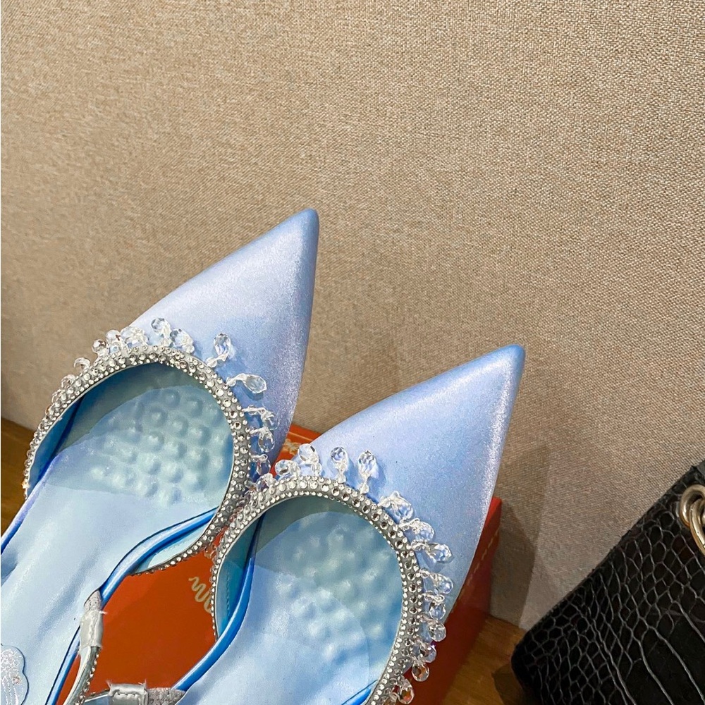 Light Blue Satin Pointed Slingback Heels with Crystal Teardrop Trim - Picture 7 of 8
